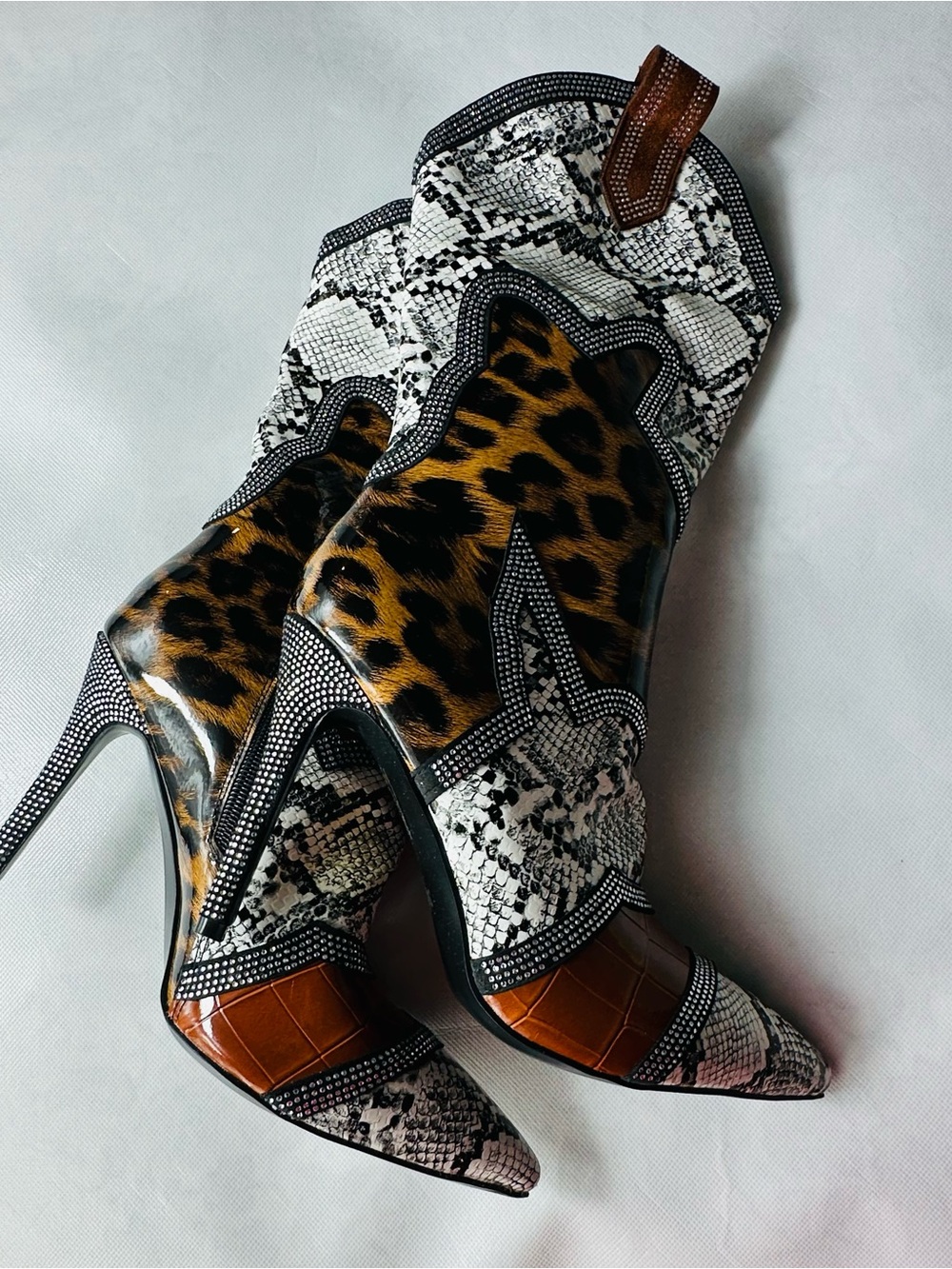Leopard & Snake-Print Pointed Western Ankle Boots - Women's Brown/White - Picture 6 of 16